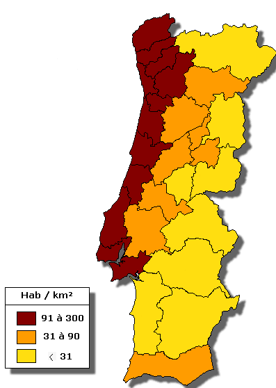 carte de la densité au portugal, par régions portugaises